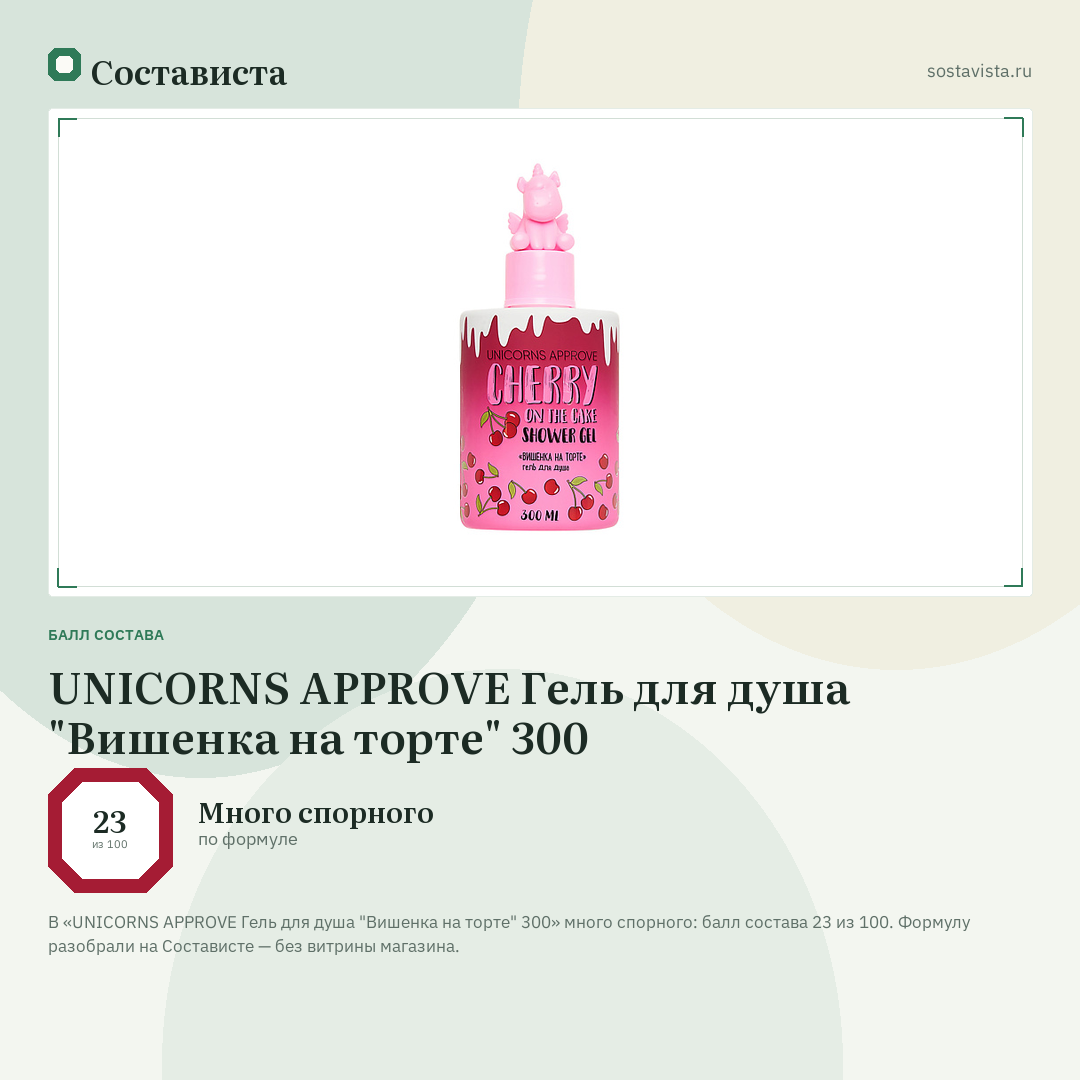 UNICORNS APPROVE Гель для душа "Вишенка на торте" 300: балл состава 23 из 100 — Состависта