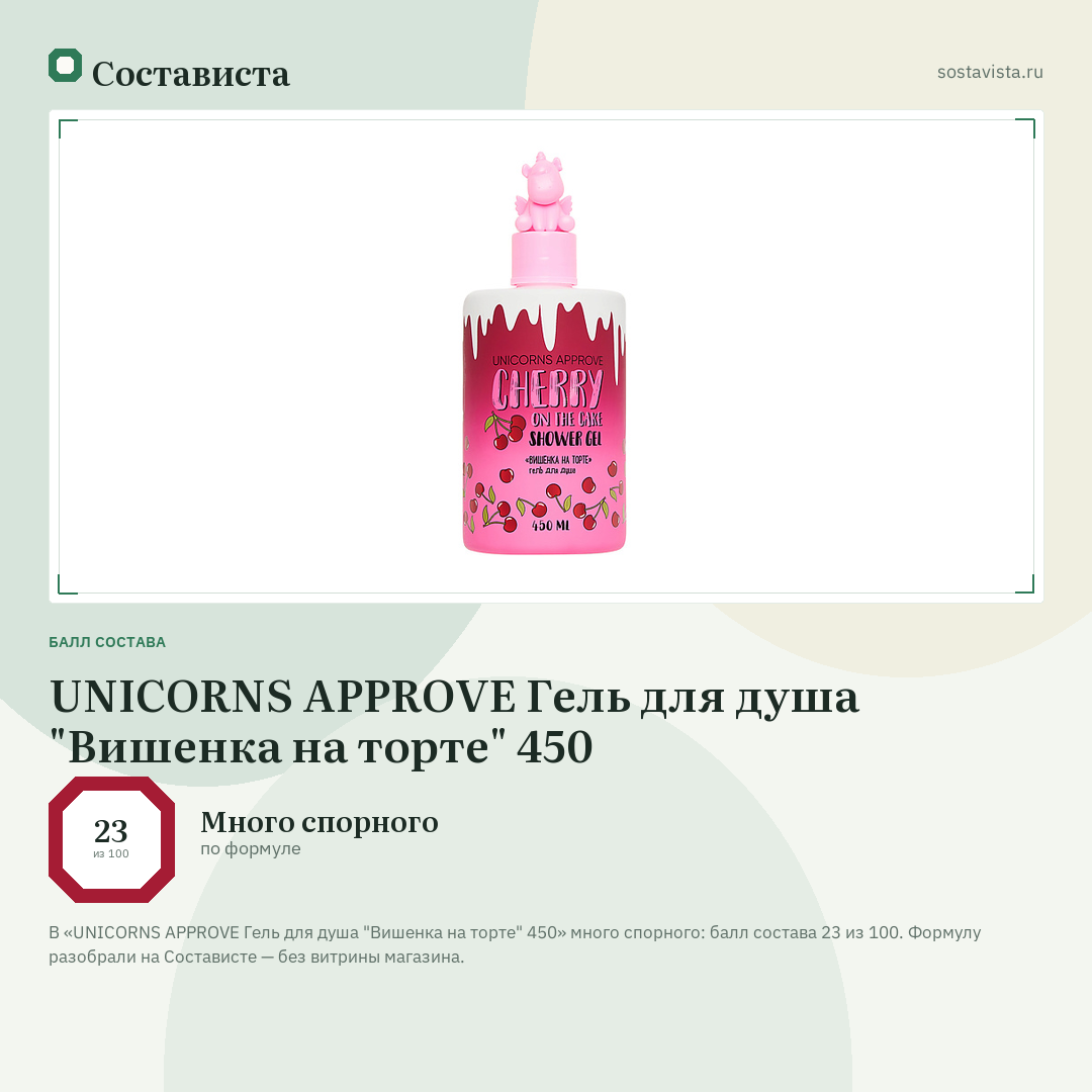 UNICORNS APPROVE Гель для душа "Вишенка на торте" 450: балл состава 23 из 100 — Состависта