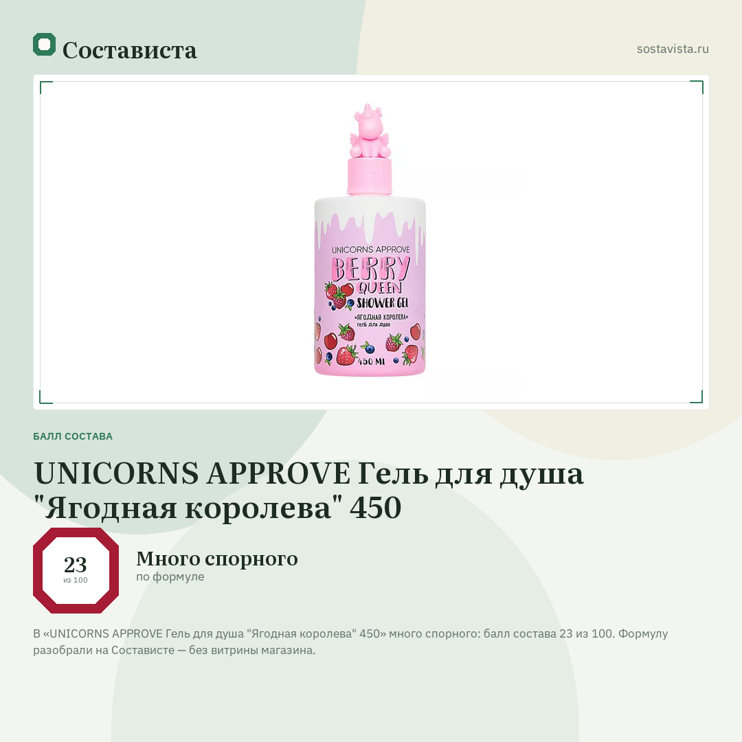 UNICORNS APPROVE Гель для душа "Ягодная королева" 450: балл состава 23 из 100 — Состависта