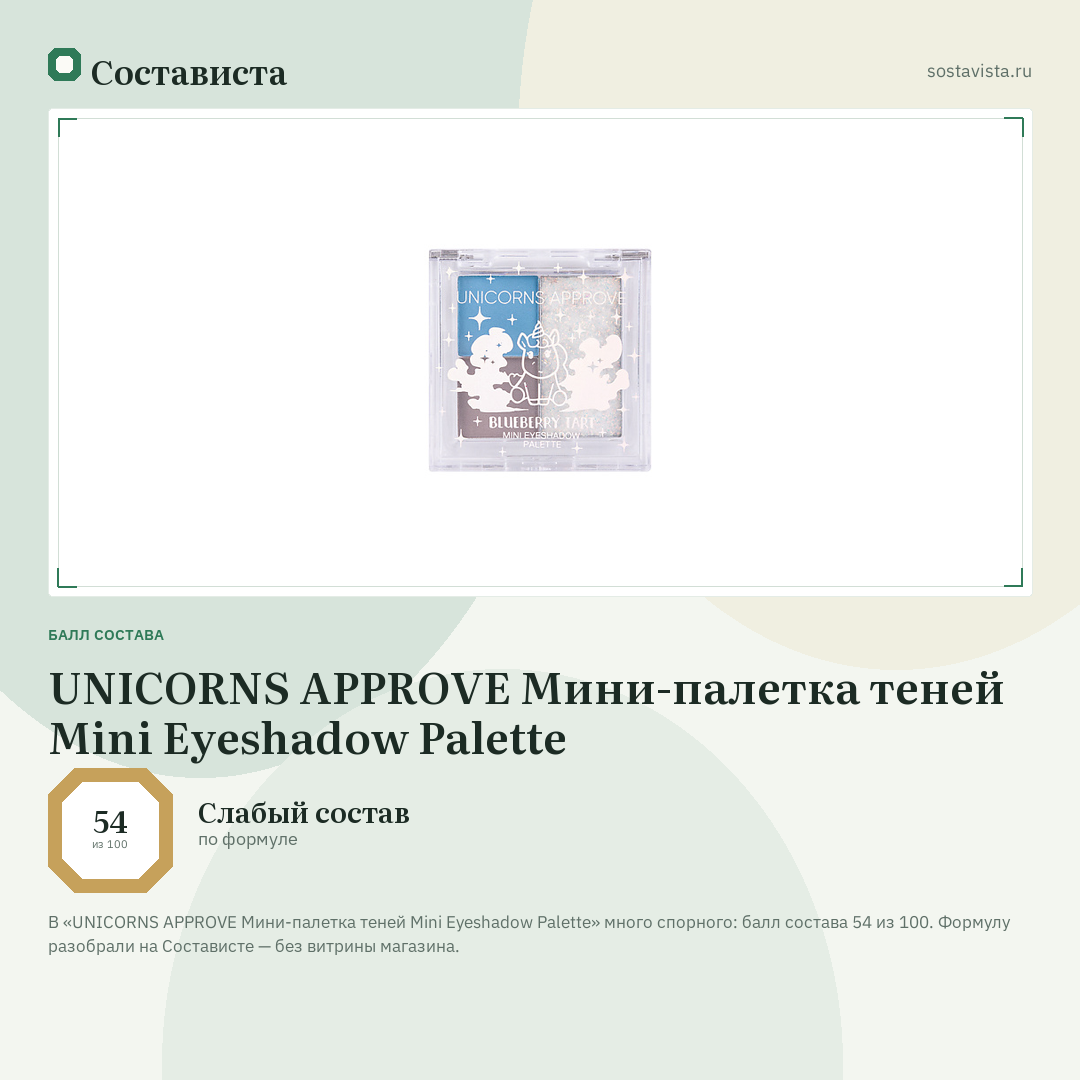 UNICORNS APPROVE Мини-палетка теней Mini Eyeshadow Palette: балл состава 54 из 100 — Состависта