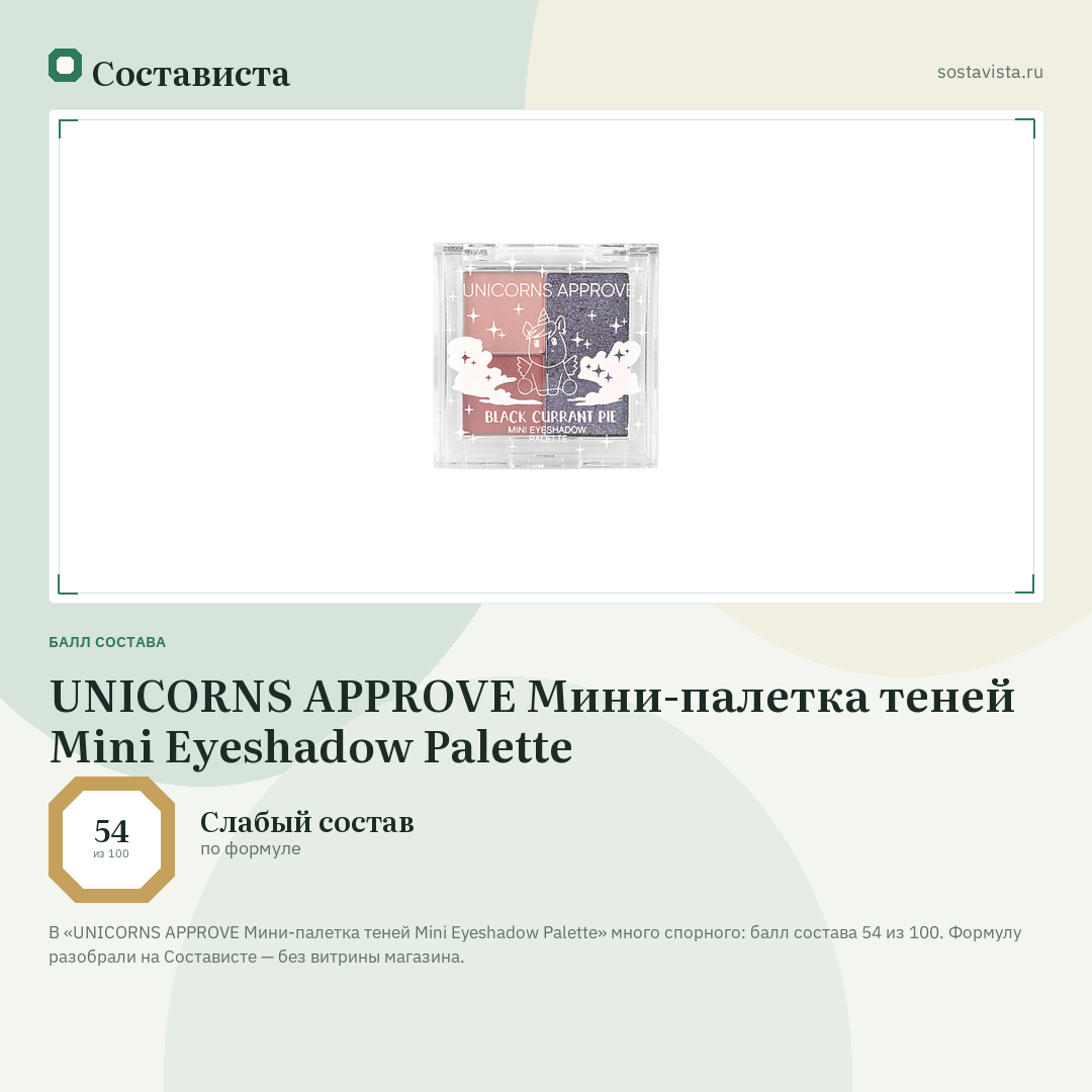 UNICORNS APPROVE Мини-палетка теней Mini Eyeshadow Palette: балл состава 54 из 100 — Состависта