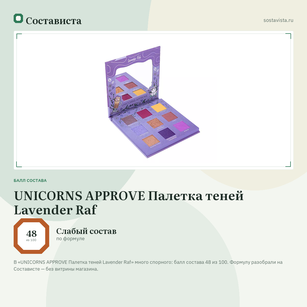 UNICORNS APPROVE Палетка теней Lavender Raf: балл состава 48 из 100 — Состависта