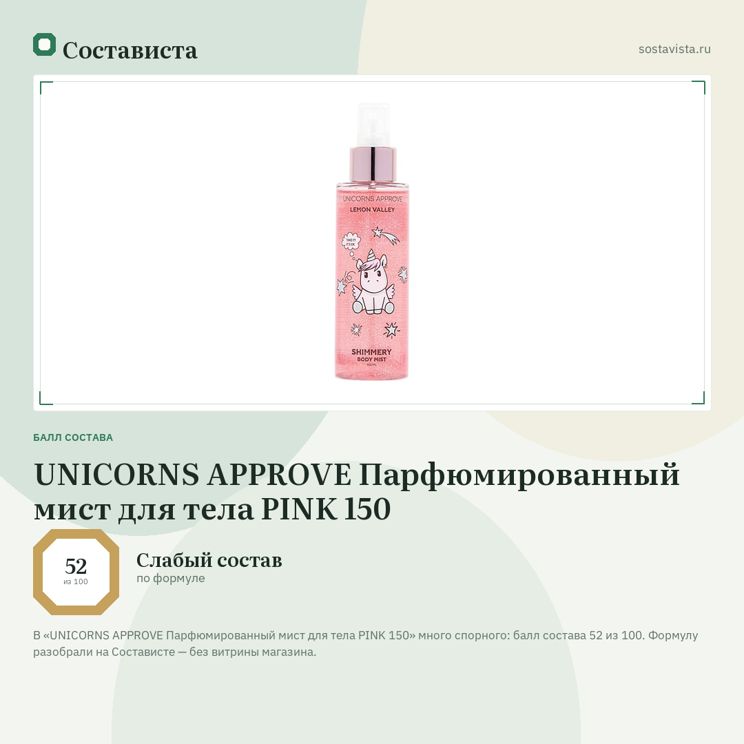 UNICORNS APPROVE Парфюмированный мист для тела PINK 150: балл состава 52 из 100 — Состависта