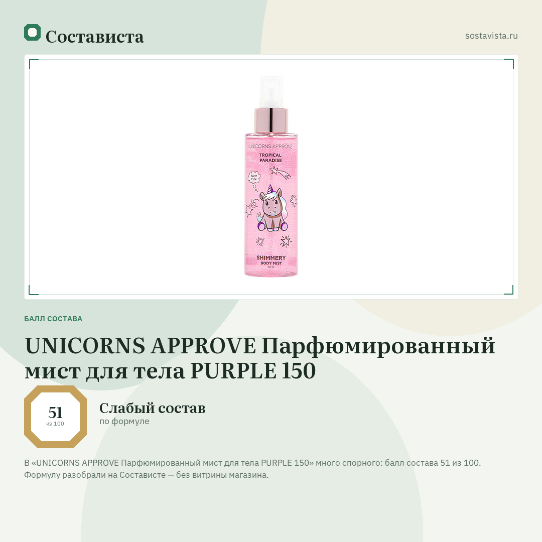 UNICORNS APPROVE Парфюмированный мист для тела PURPLE 150: балл состава 51 из 100 — Состависта