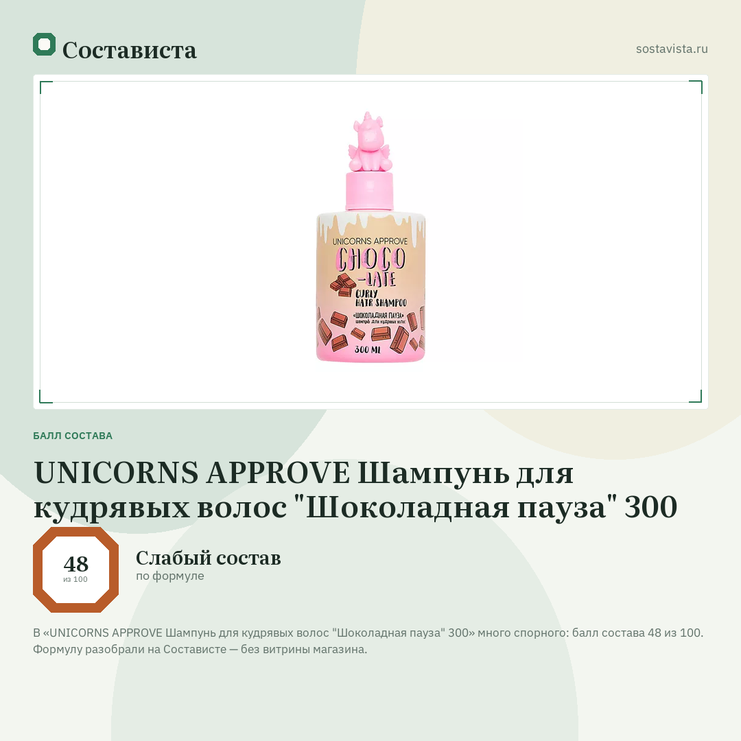 UNICORNS APPROVE Шампунь для кудрявых волос "Шоколадная пауза" 300: балл состава 48 из 100 — Состависта