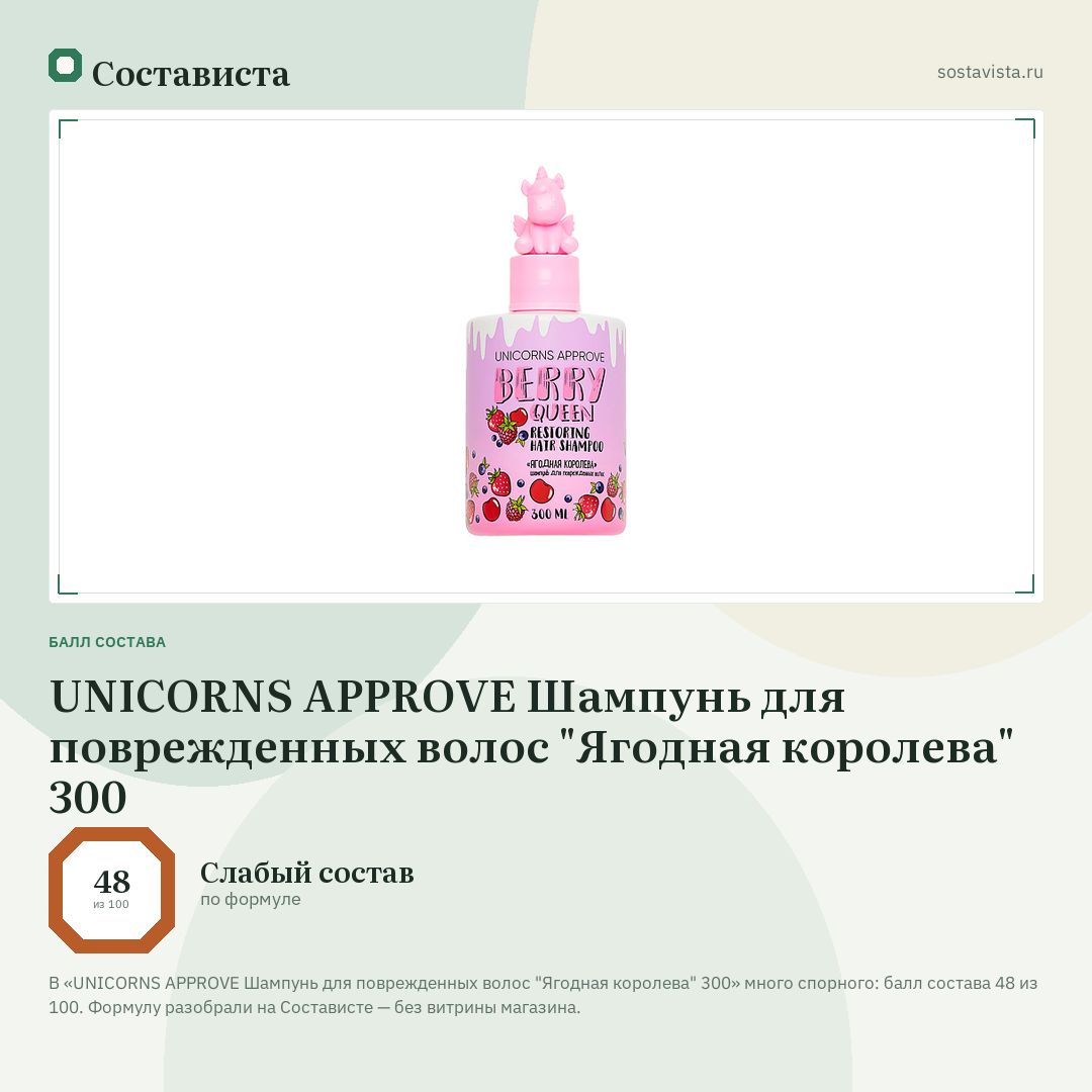 UNICORNS APPROVE Шампунь для поврежденных волос "Ягодная королева" 300: балл состава 48 из 100 — Состависта
