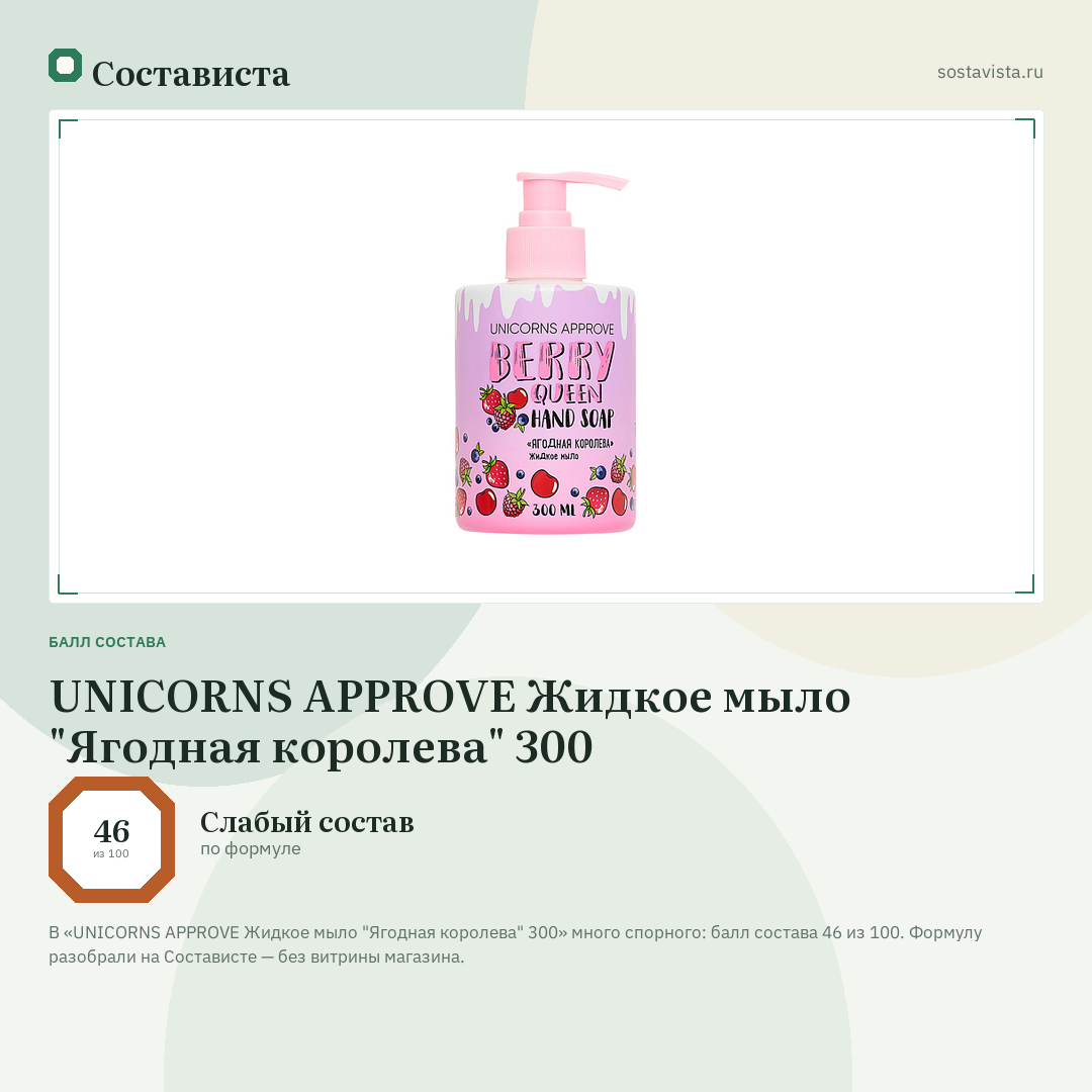 UNICORNS APPROVE Жидкое мыло "Ягодная королева" 300: балл состава 46 из 100 — Состависта