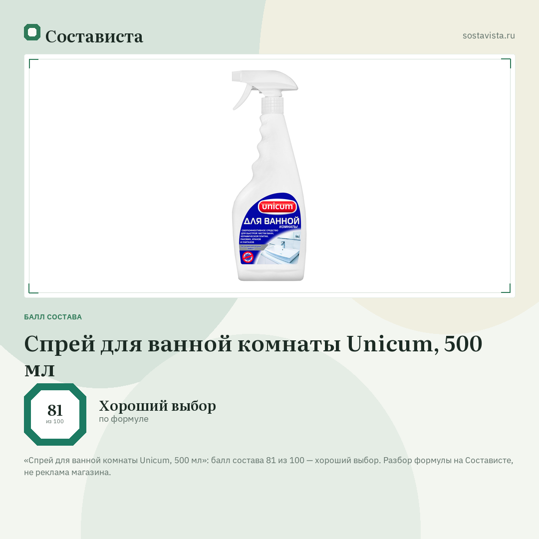 Спрей для ванной комнаты Unicum, 500 мл: балл состава 81 из 100 — Состависта