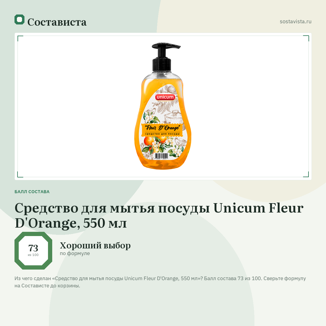 Средство для мытья посуды Unicum Fleur D'Orange, 550 мл: балл состава 73 из 100 — Состависта