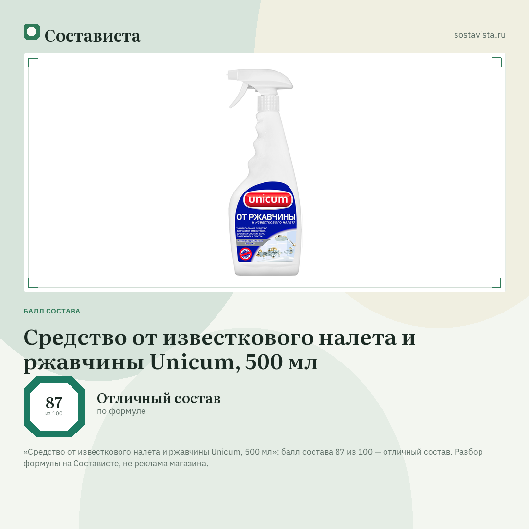 Средство от известкового налета и ржавчины Unicum, 500 мл: балл состава 87 из 100 — Состависта