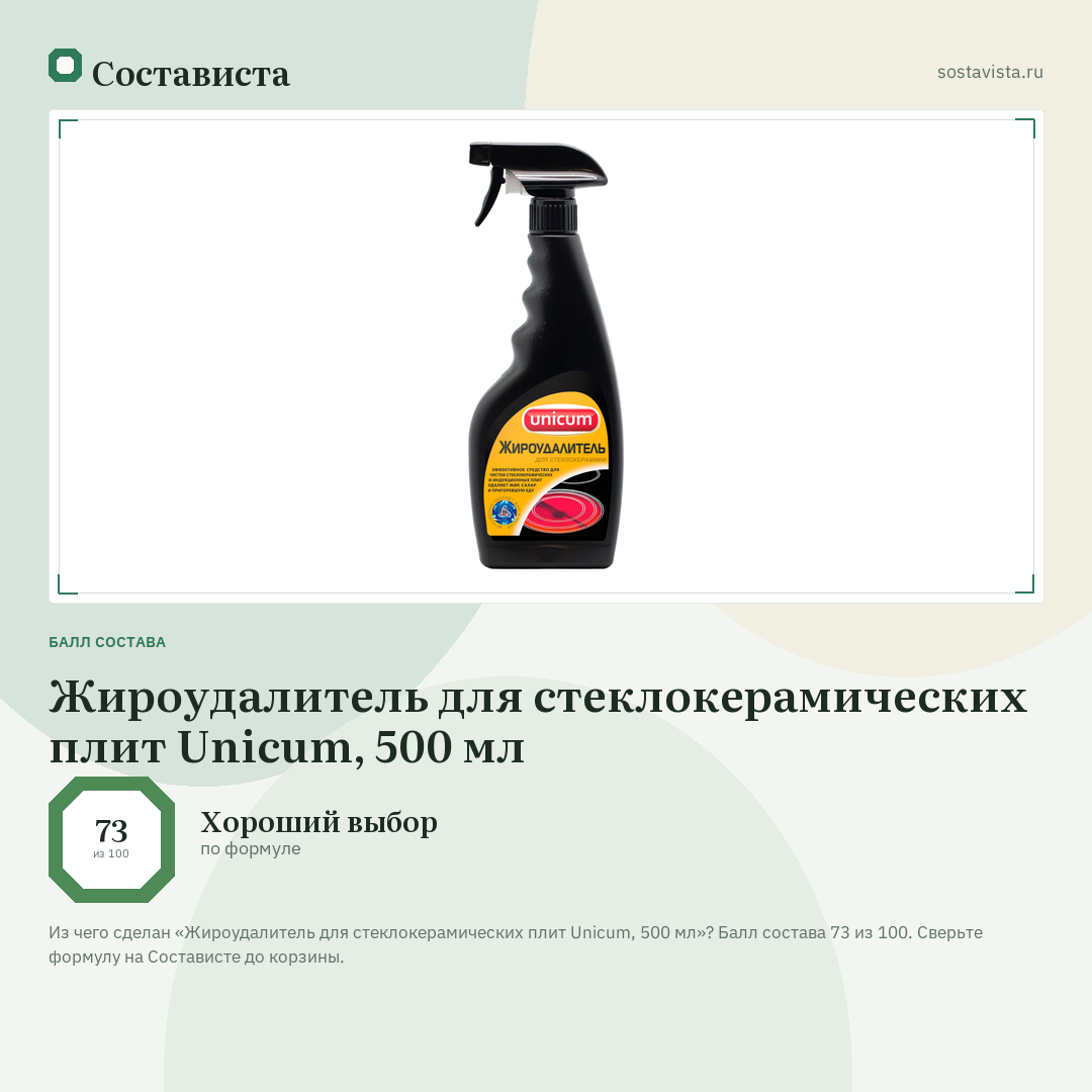 Жироудалитель для стеклокерамических плит Unicum, 500 мл: балл состава 73 из 100 — Состависта