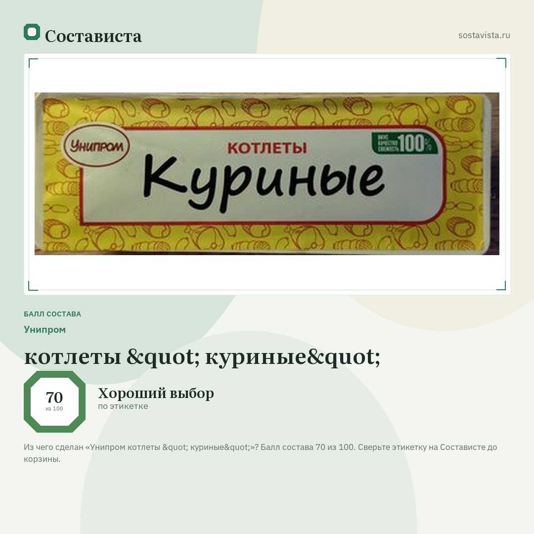 Унипром котлеты " куриные": балл состава 70 из 100 — Состависта