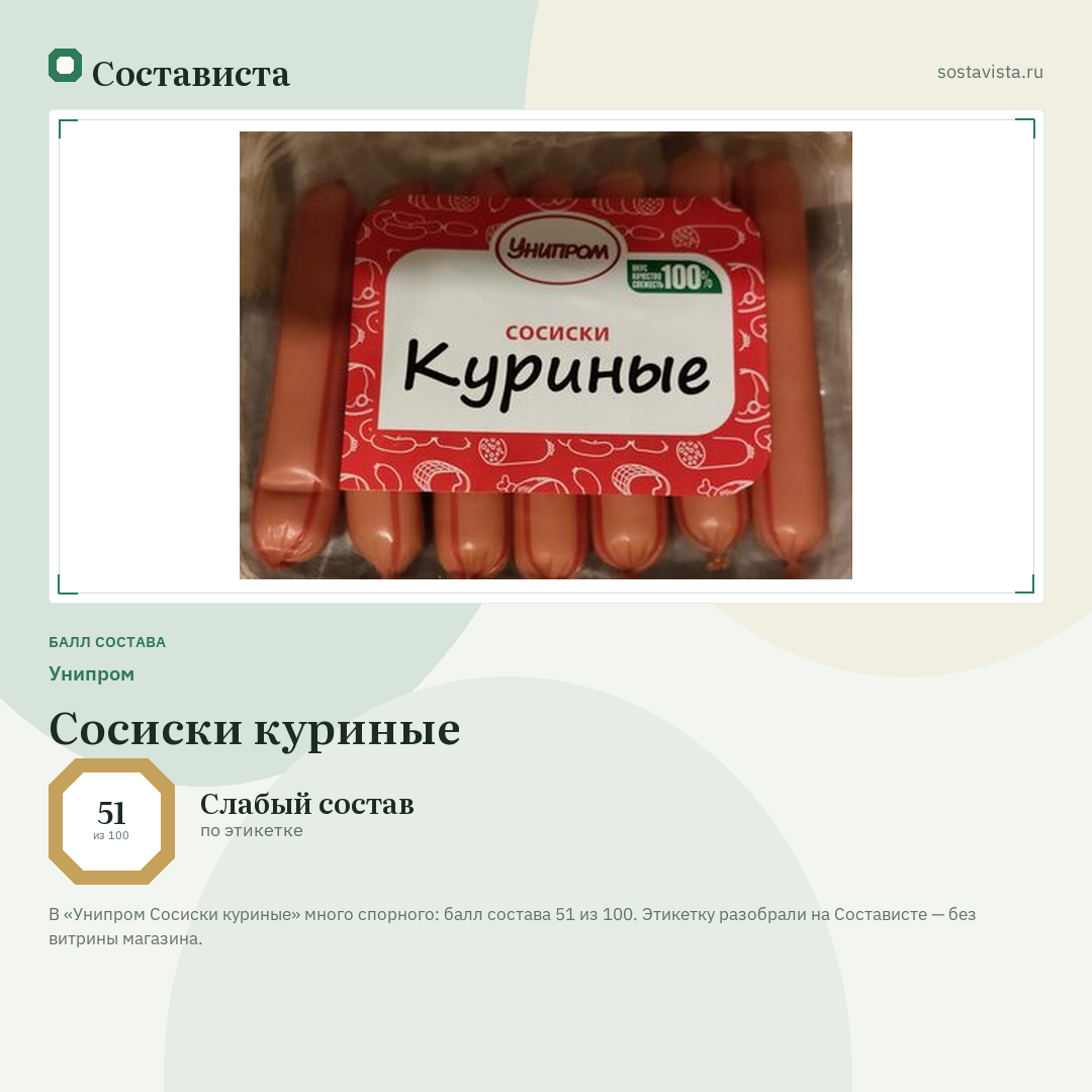 Унипром Сосиски куриные: балл состава 51 из 100 — Состависта