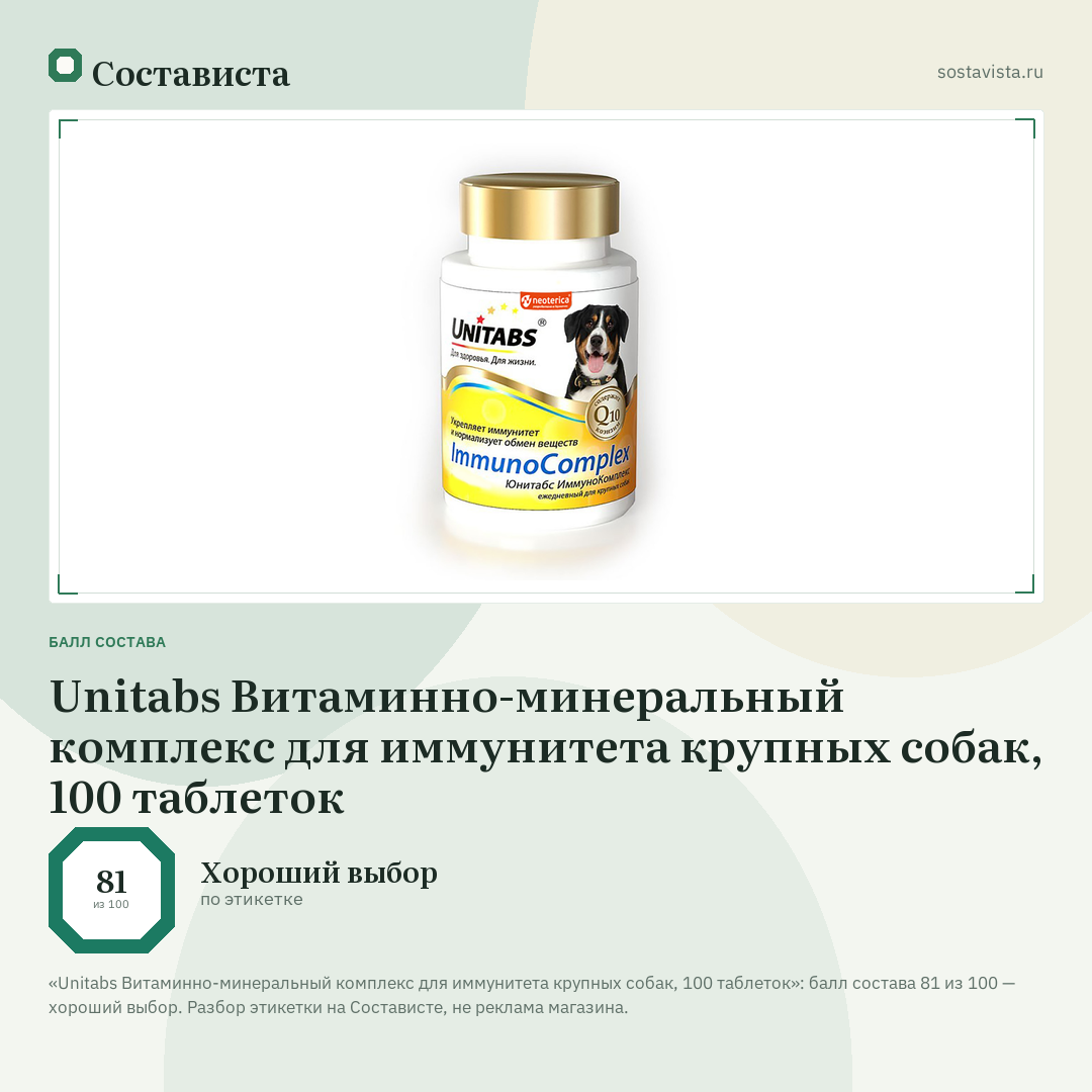 Unitabs Витаминно-минеральный комплекс для иммунитета крупных собак, 100 таблеток: балл состава 81 из 100 — Состависта