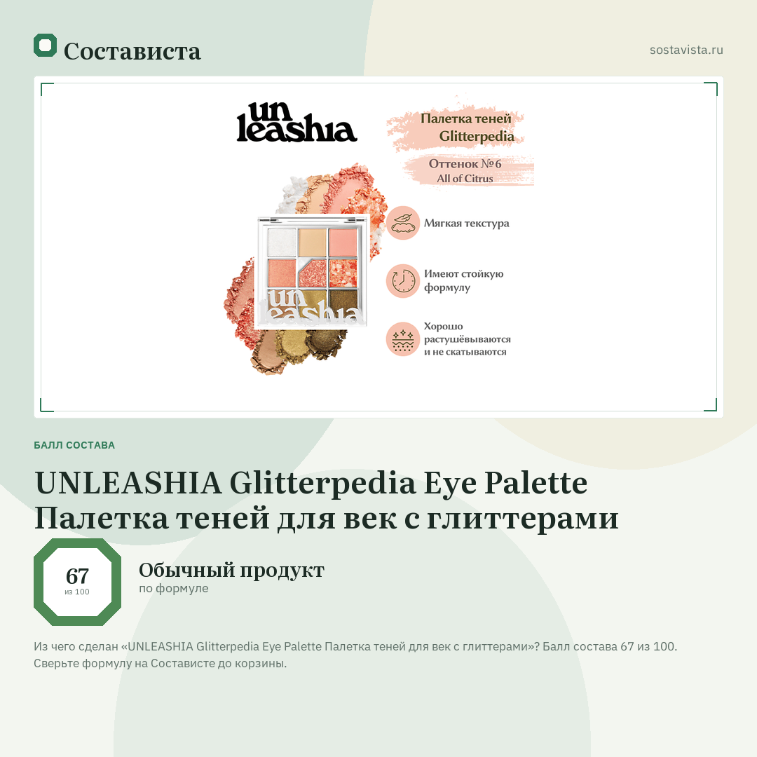 UNLEASHIA Glitterpedia Eye Palette Палетка теней для век с глиттерами: балл состава 67 из 100 — Состависта