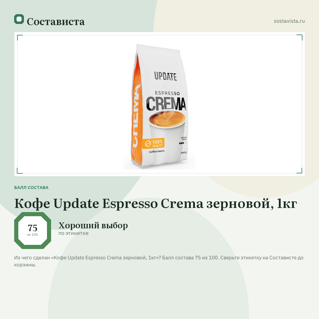 Кофе Update Espresso Crema зерновой, 1кг: балл состава 75 из 100 — Состависта