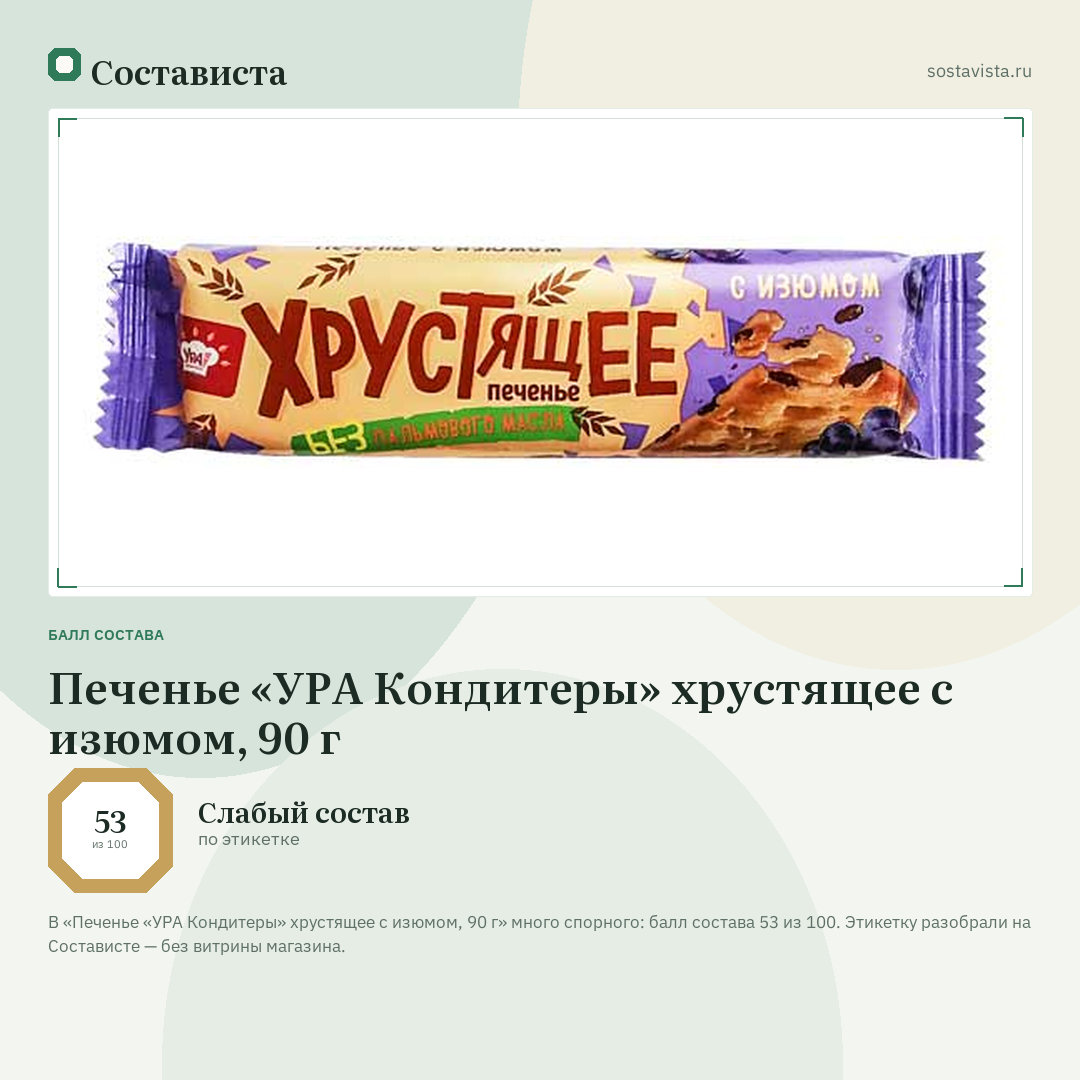 Печенье «УРА Кондитеры» хрустящее с изюмом, 90 г: балл состава 53 из 100 — Состависта