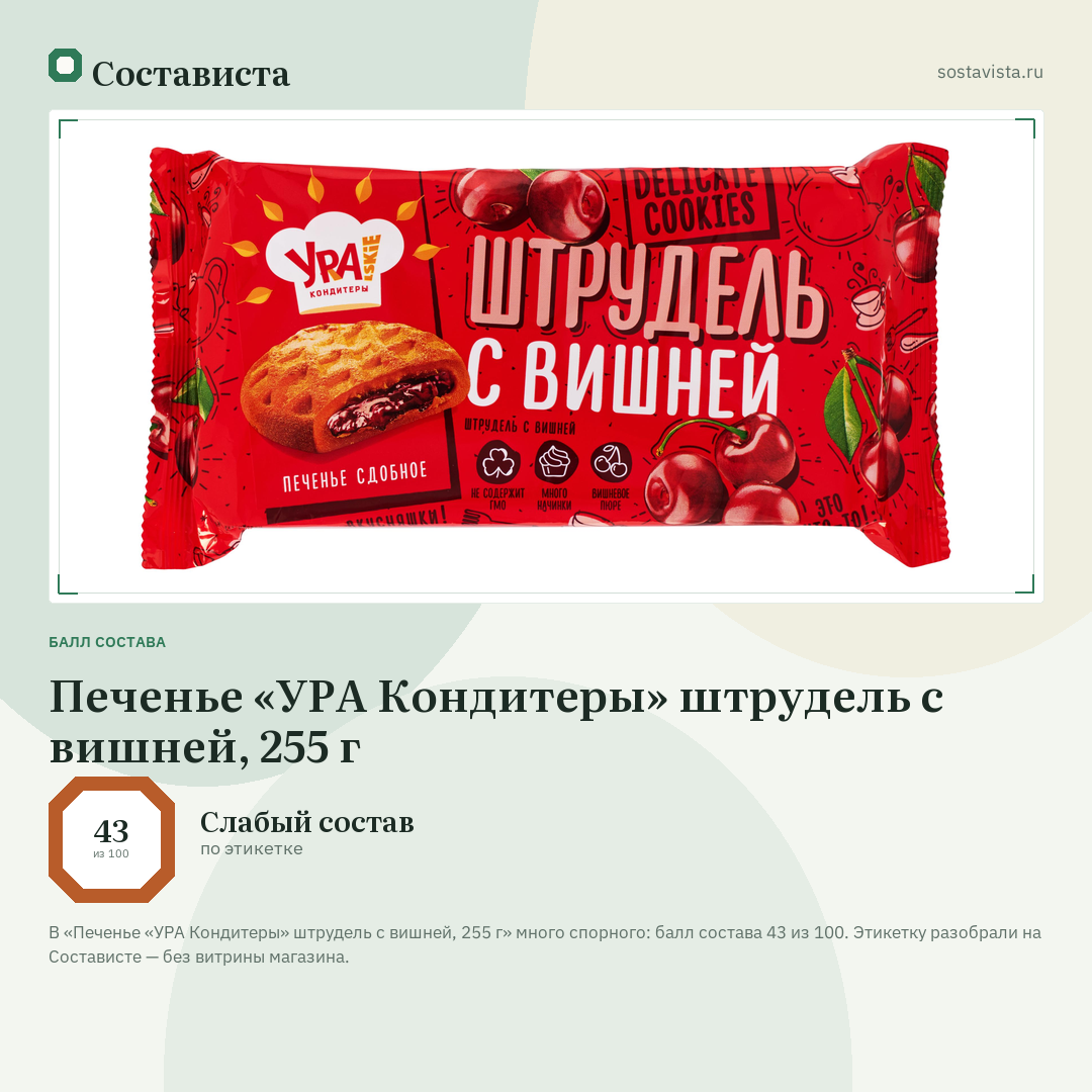 Печенье «УРА Кондитеры» штрудель с вишней, 255 г: балл состава 43 из 100 — Состависта