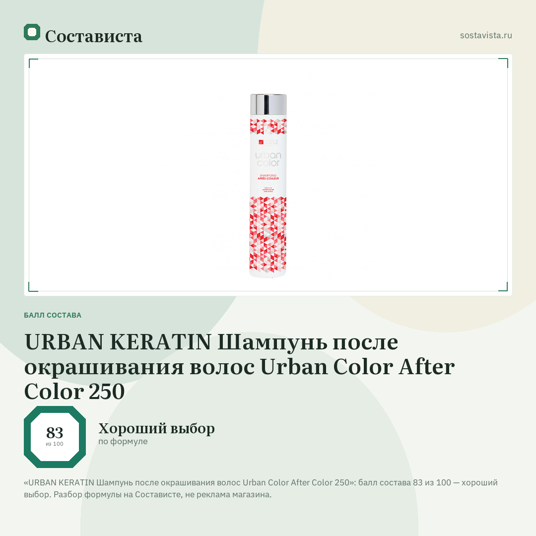 URBAN KERATIN Шампунь после окрашивания волос Urban Color After Color 250: балл состава 83 из 100 — Состависта