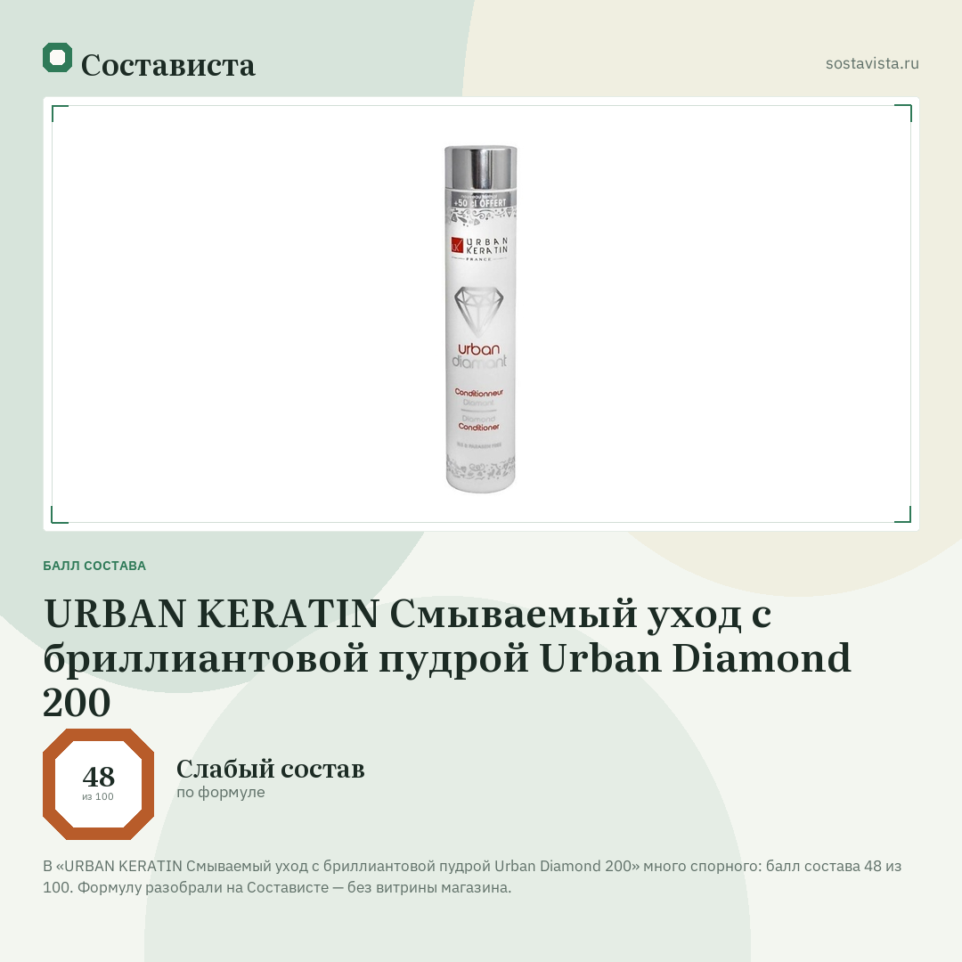 URBAN KERATIN Смываемый уход с бриллиантовой пудрой Urban Diamond 200: балл состава 48 из 100 — Состависта