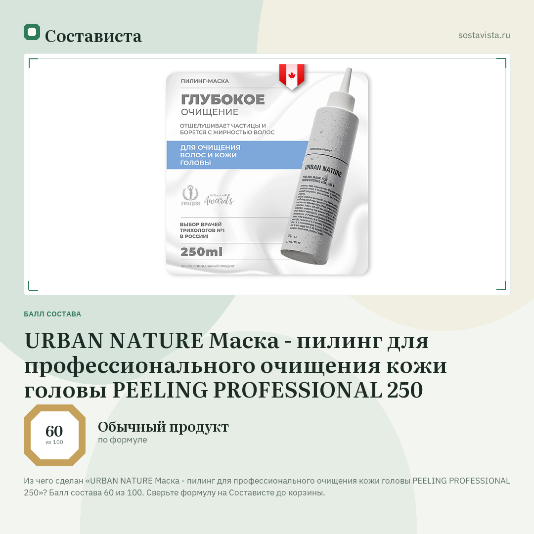 URBAN NATURE Маска - пилинг для профессионального очищения кожи головы PEELING PROFESSIONAL 250: балл состава 60 из 100 — Состависта
