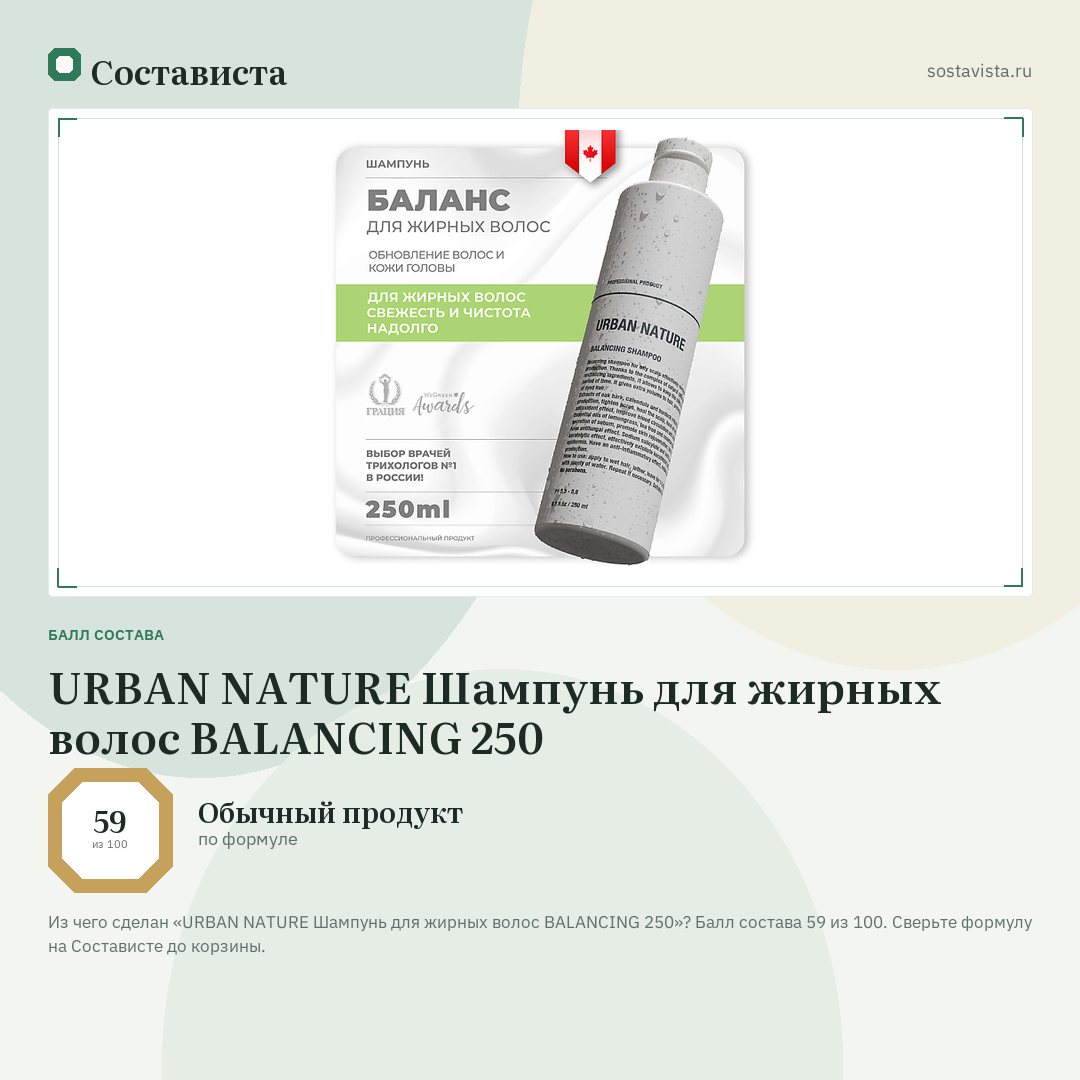 URBAN NATURE Шампунь для жирных волос BALANCING 250: балл состава 59 из 100 — Состависта