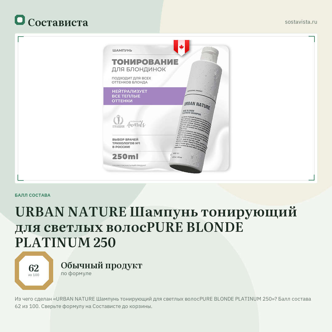 URBAN NATURE Шампунь тонирующий для светлых волосPURE BLONDE PLATINUM 250: балл состава 62 из 100 — Состависта