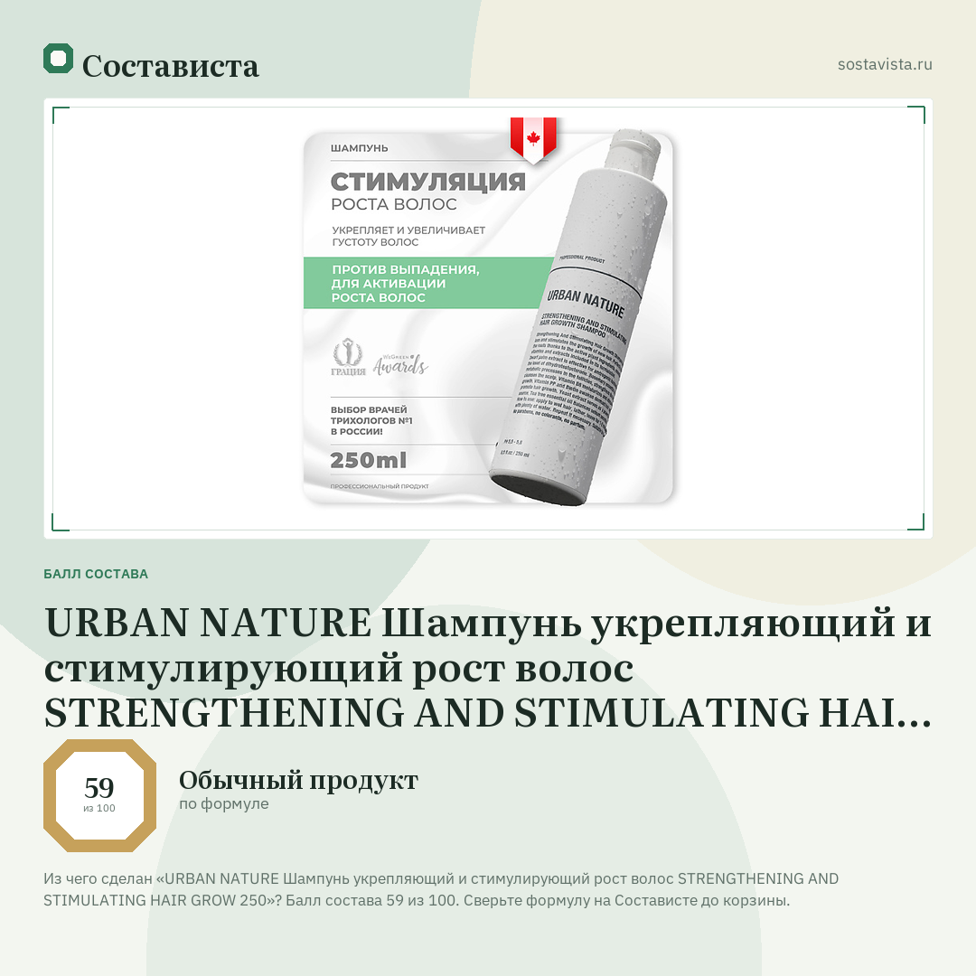 URBAN NATURE Шампунь укрепляющий и стимулирующий рост волос STRENGTHENING AND STIMULATING HAIR GROW 250: балл состава 59 из 100 — Состависта
