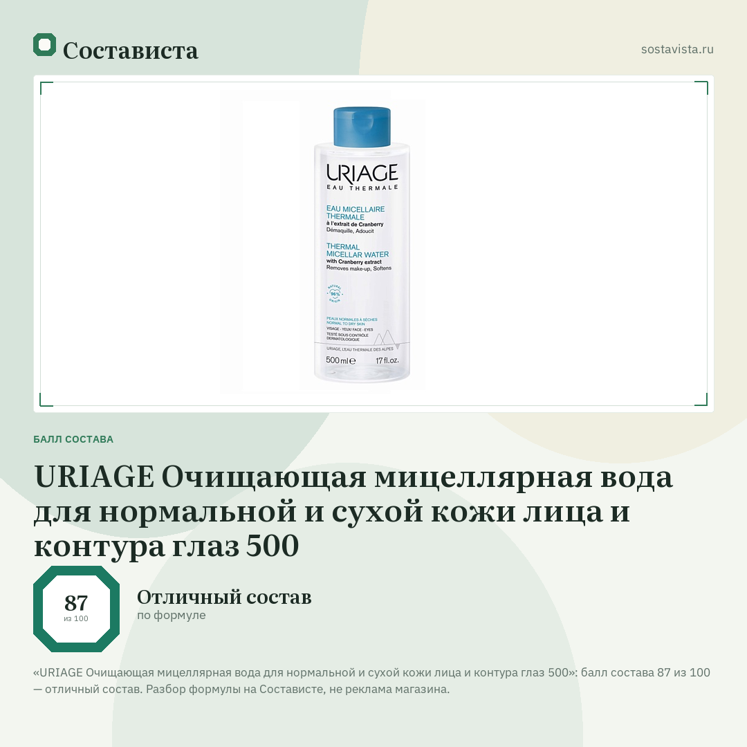 URIAGE Очищающая мицеллярная вода для нормальной и сухой кожи лица и контура глаз 500: балл состава 87 из 100 — Состависта