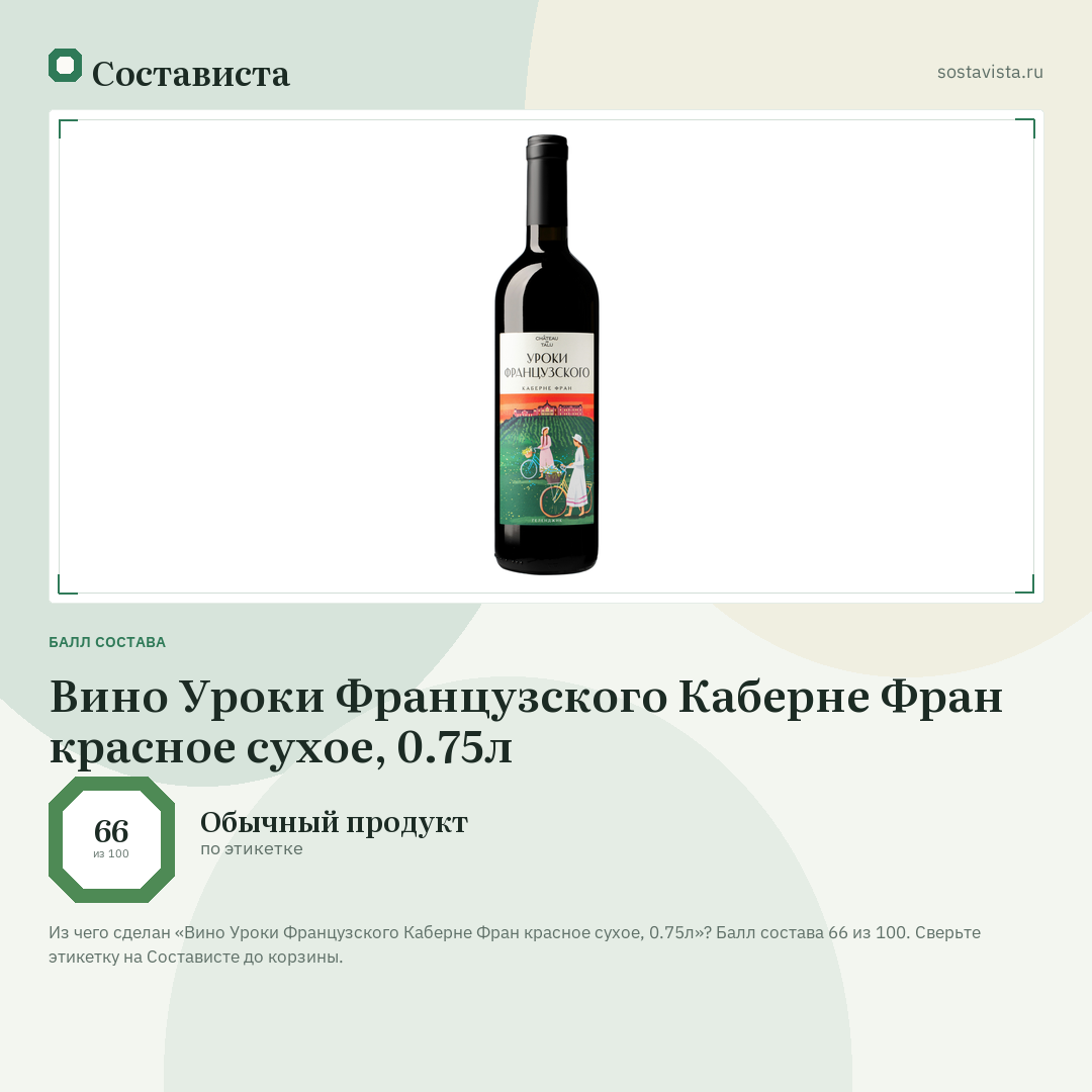 Вино Уроки Французского Каберне Фран красное сухое, 0.75л: балл состава 66 из 100 — Состависта