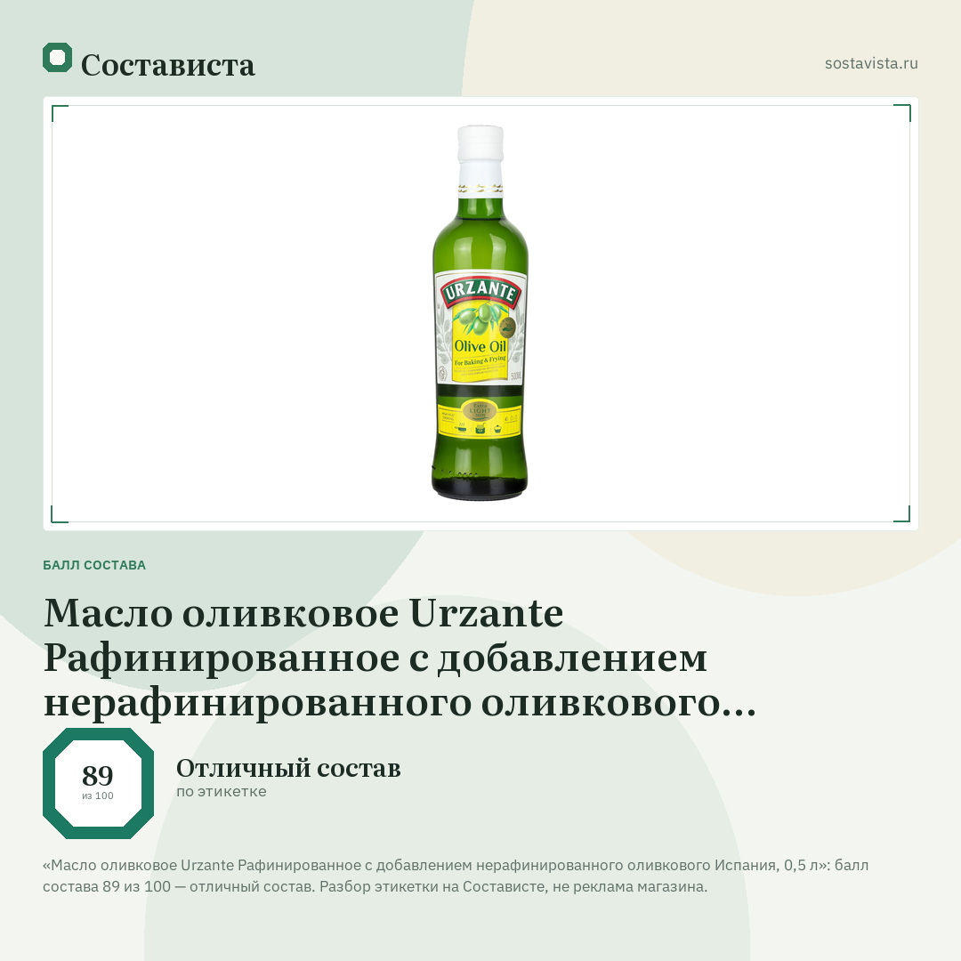 Масло оливковое Urzante Рафинированное с добавлением нерафинированного оливкового Испания, 0,5 л: балл состава 89 из 100 — Состависта