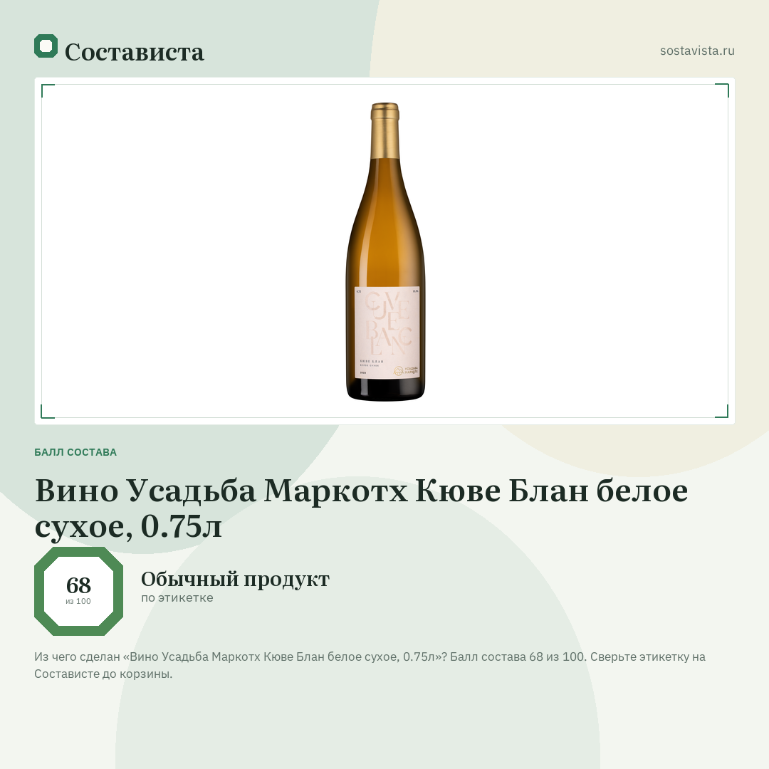 Вино Усадьба Маркотх Кюве Блан белое сухое, 0.75л: балл состава 68 из 100 — Состависта
