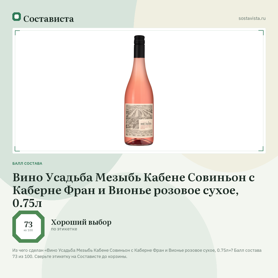 Вино Усадьба Мезыбь Кабене Совиньон с Каберне Фран и Вионье розовое сухое, 0.75л: балл состава 73 из 100 — Состависта