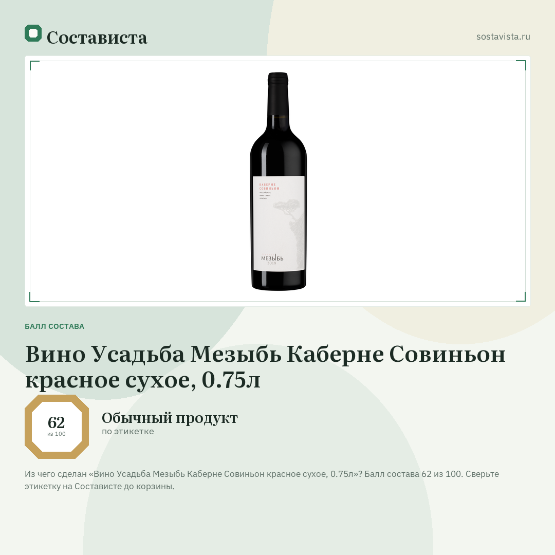 Вино Усадьба Мезыбь Каберне Совиньон красное сухое, 0.75л: балл состава 62 из 100 — Состависта