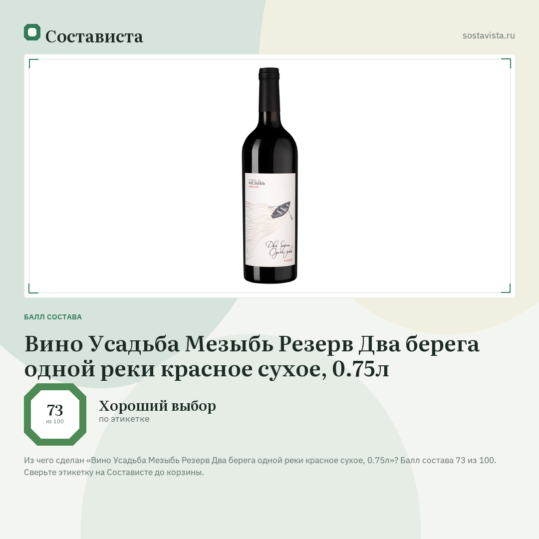 Вино Усадьба Мезыбь Резерв Два берега одной реки красное сухое, 0.75л: балл состава 73 из 100 — Состависта
