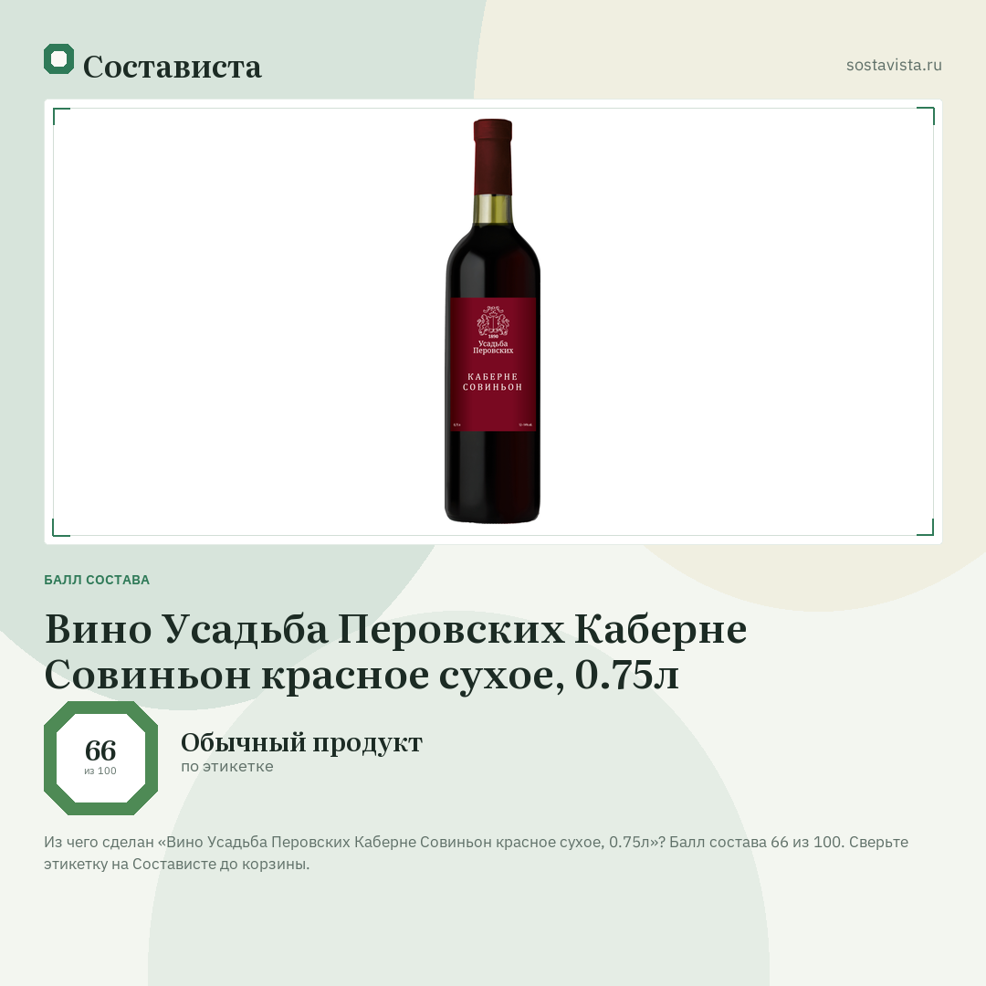 Вино Усадьба Перовских Каберне Совиньон красное сухое, 0.75л: балл состава 66 из 100 — Состависта