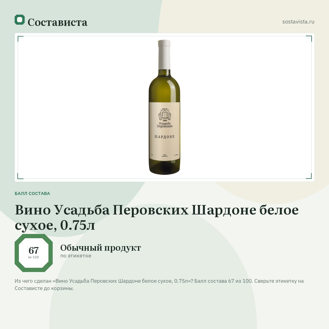 Вино Усадьба Перовских Шардоне белое сухое, 0.75л: балл состава 67 из 100 — Состависта