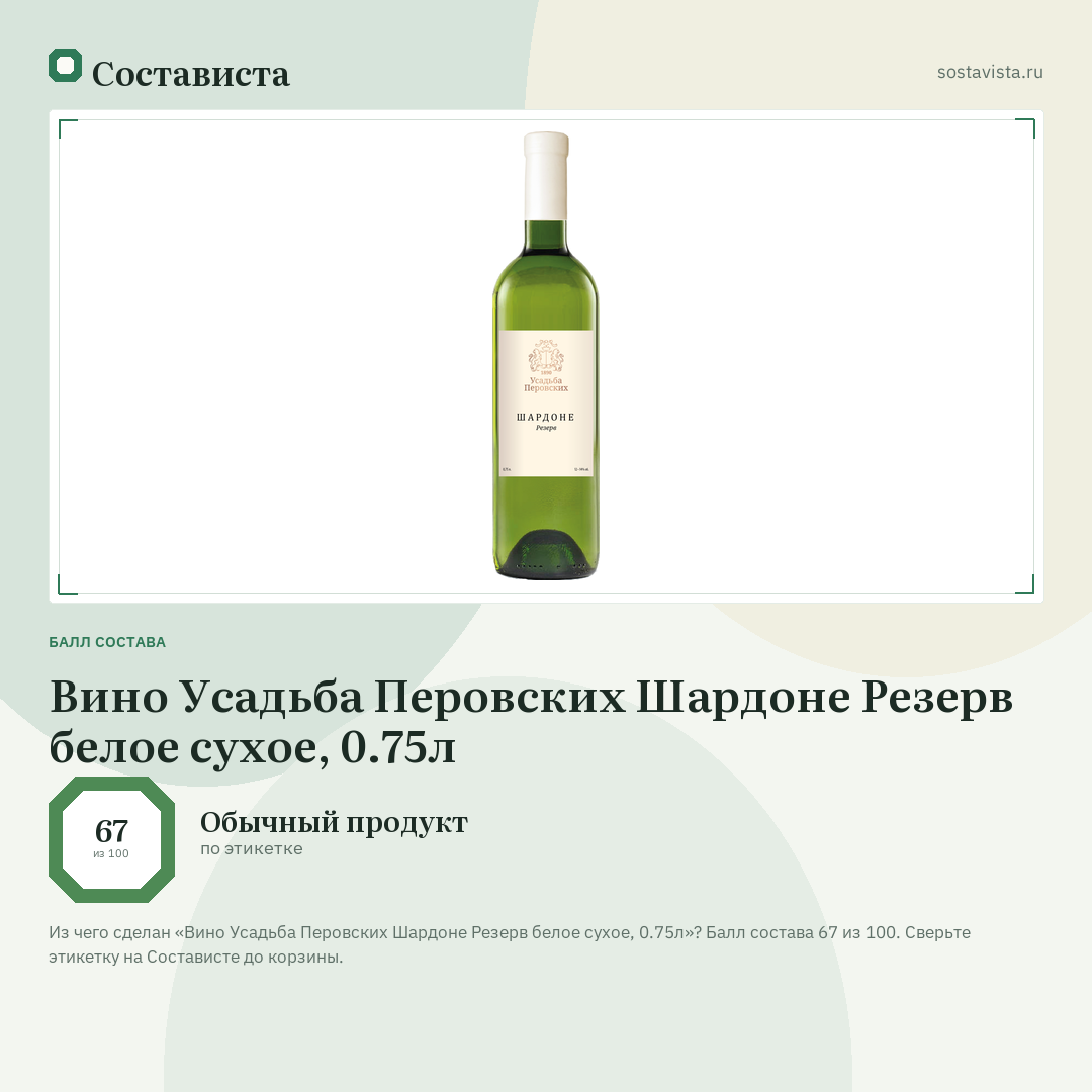 Вино Усадьба Перовских Шардоне Резерв белое сухое, 0.75л: балл состава 67 из 100 — Состависта
