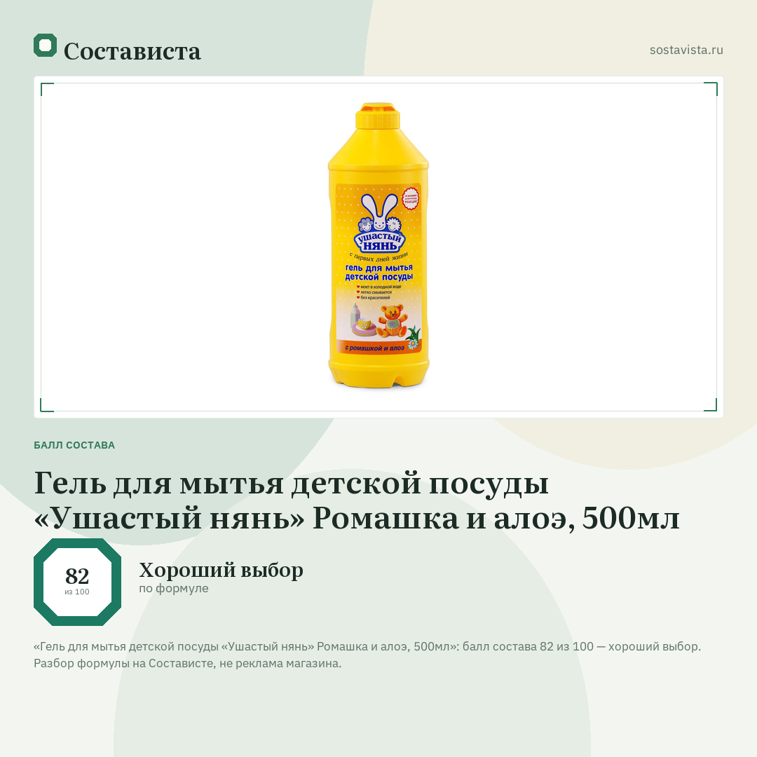Гель для мытья детской посуды «Ушастый нянь» Ромашка и алоэ, 500мл: балл состава 82 из 100 — Состависта