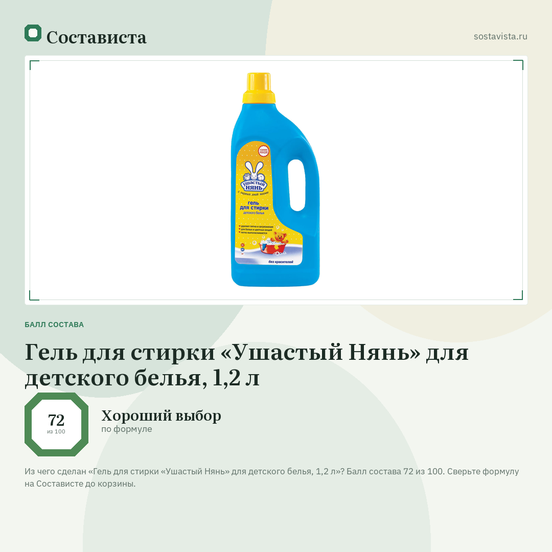 Гель для стирки «Ушастый Нянь» для детского белья, 1,2 л: балл состава 72 из 100 — Состависта