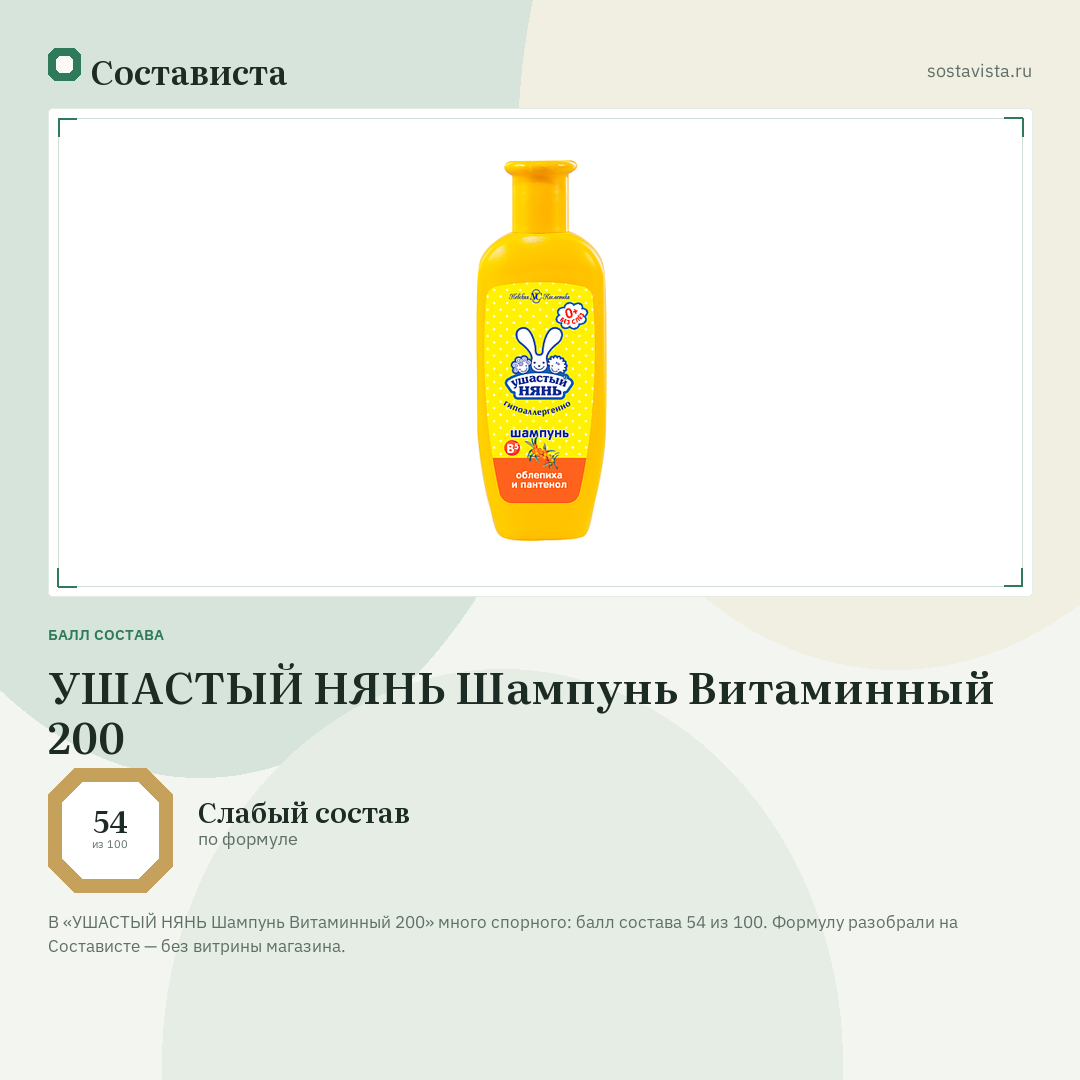 УШАСТЫЙ НЯНЬ Шампунь Витаминный 200: балл состава 54 из 100 — Состависта