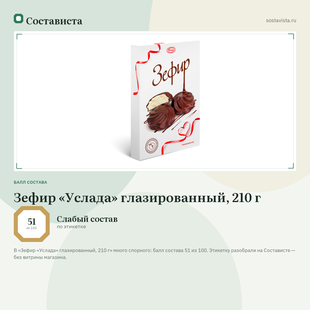 Зефир «Услада» глазированный, 210 г: балл состава 51 из 100 — Состависта