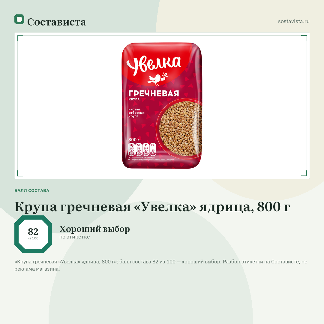 Крупа гречневая «Увелка» ядрица, 800 г: балл состава 82 из 100 — Состависта