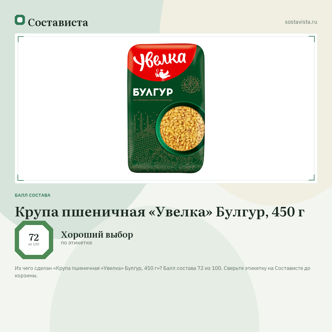 Крупа пшеничная «Увелка» Булгур, 450 г: балл состава 72 из 100 — Состависта