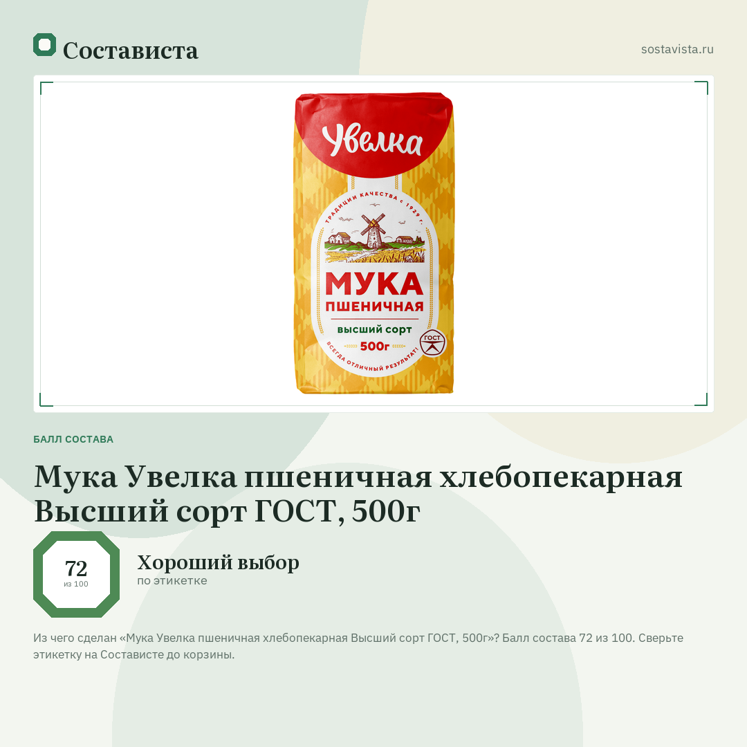 Мука Увелка пшеничная хлебопекарная Высший сорт ГОСТ, 500г: балл состава 72 из 100 — Состависта