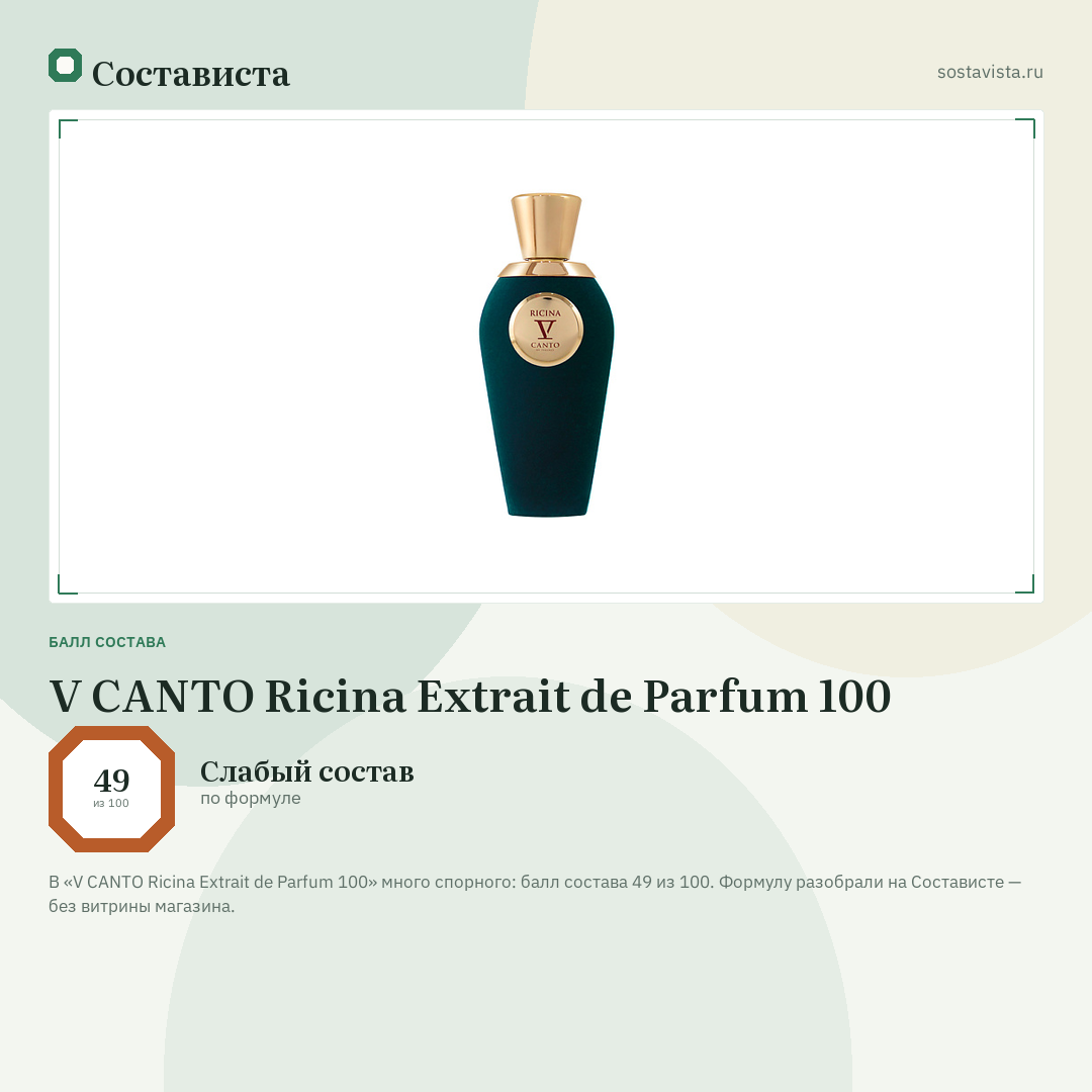 V CANTO Ricina Extrait de Parfum 100: балл состава 49 из 100 — Состависта