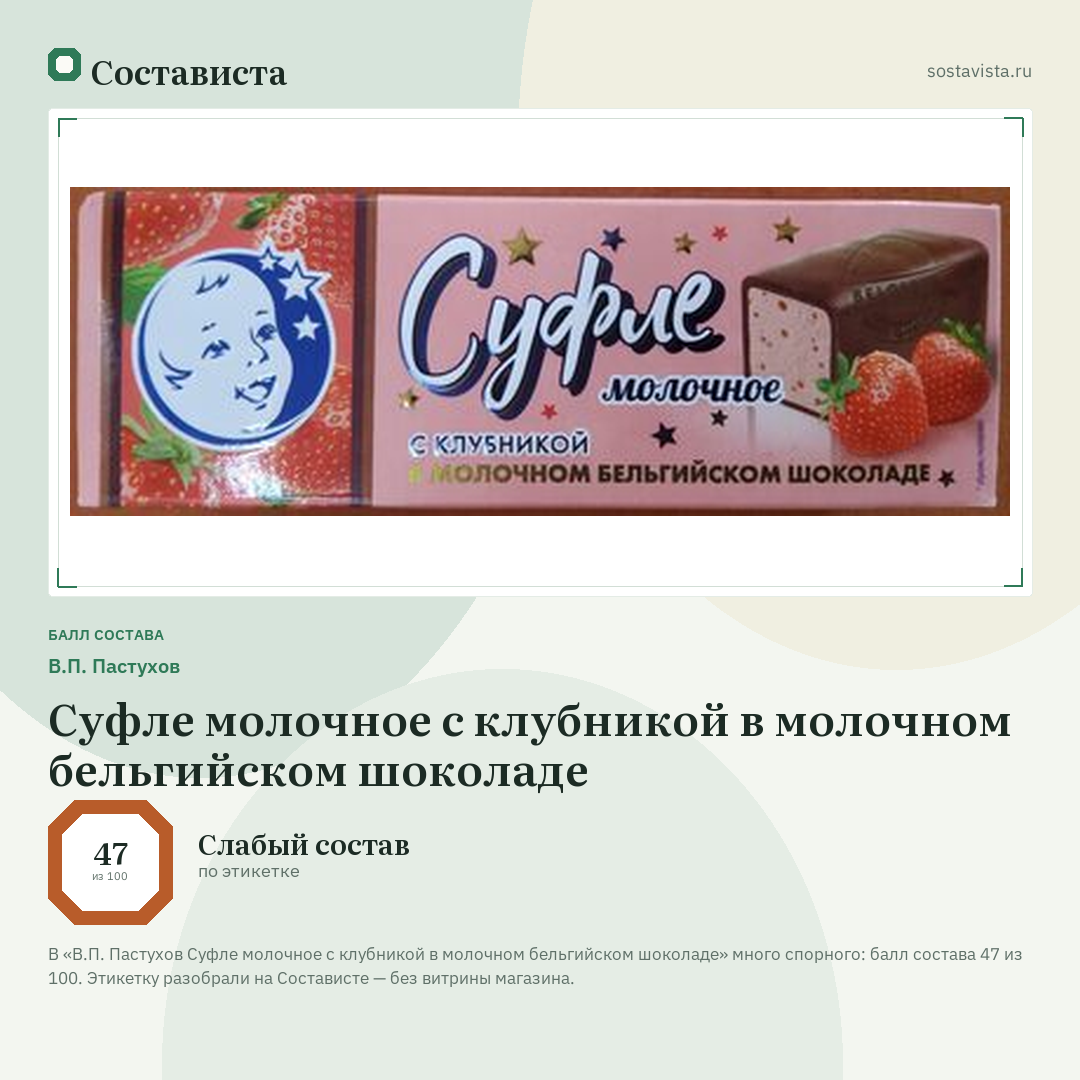 В.П. Пастухов Суфле молочное с клубникой в молочном бельгийском шоколаде: балл состава 47 из 100 — Состависта