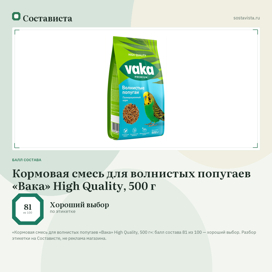 Кормовая смесь для волнистых попугаев «Вака» High Quality, 500 г: балл состава 81 из 100 — Состависта