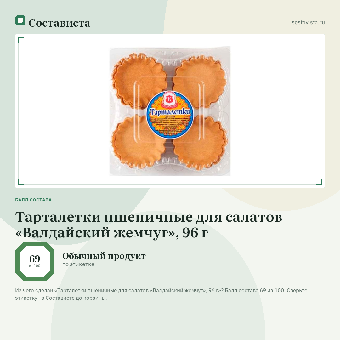 Тарталетки пшеничные для салатов «Валдайский жемчуг», 96 г: балл состава 69 из 100 — Состависта