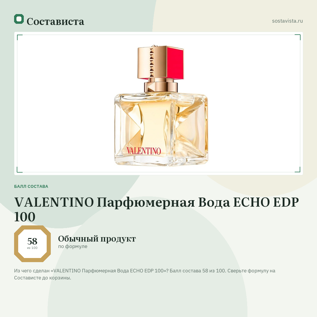 VALENTINO Парфюмерная Вода ECHO EDP 100: балл состава 58 из 100 — Состависта